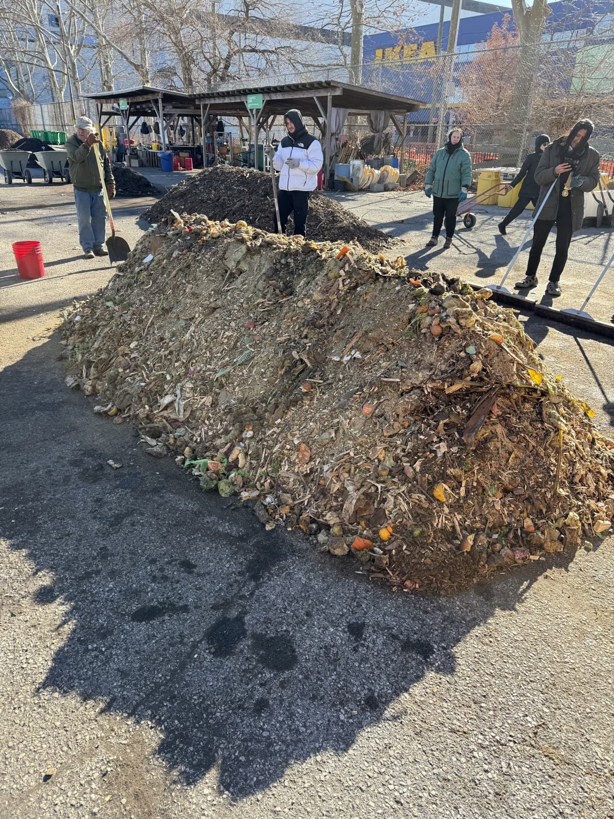 A long windrow of fresh food scraps and wood chips on a paved yard, with people turning it by hand in winter sun